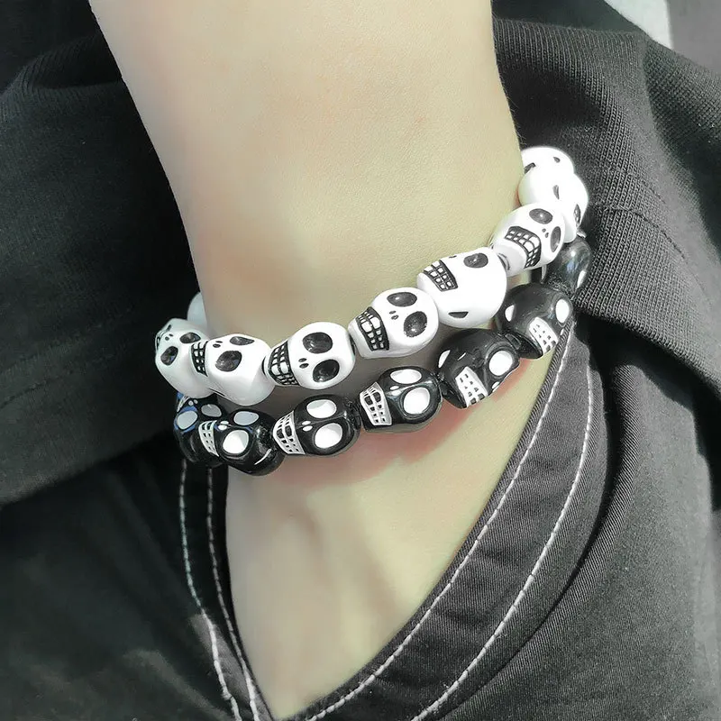 فاسق القوطي هيكل جمجمة أساور للنساء الرجال الهيب هوب مطاطا مطرز أساور أساور اليدوية هالوين مجوهرات هدية