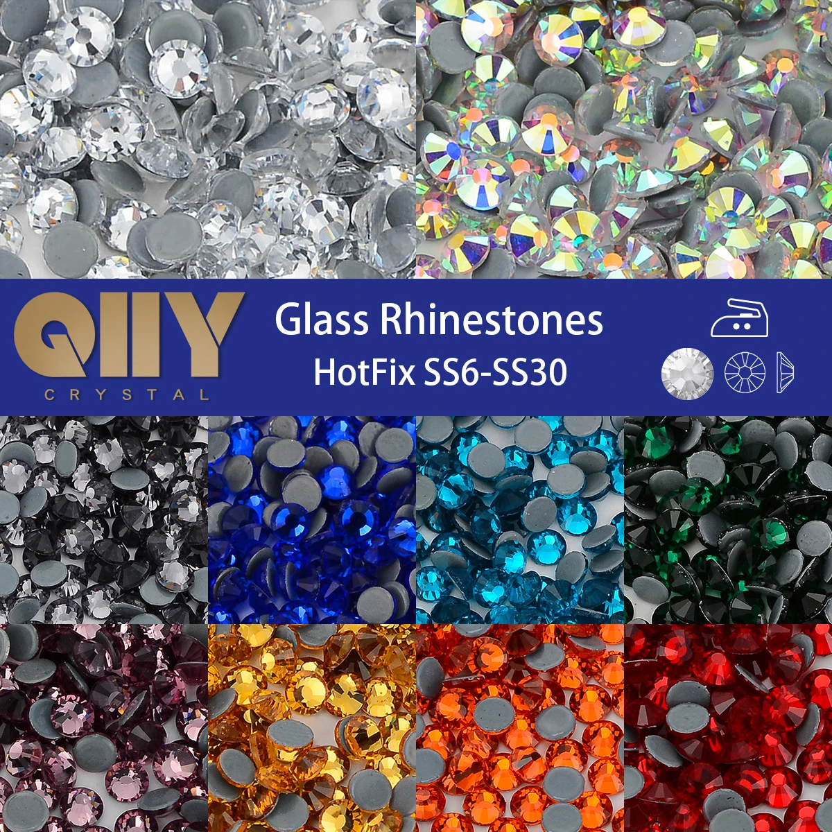 QIIY SS6-SS30 Hochwertiges Glas Kristall Hot-Fix Strasssteine Flatback Glitzer Strasssteine für DIY Stoff Garmen
