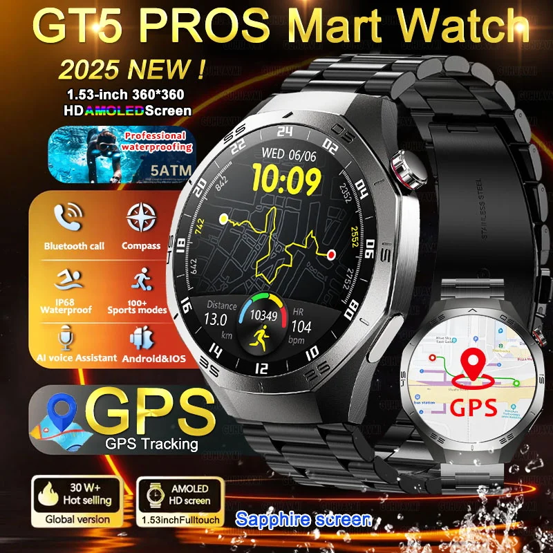 Montre Connectée GT5 Pro - GPS, écran AMOLED 360x360, 47mm, Pour Android