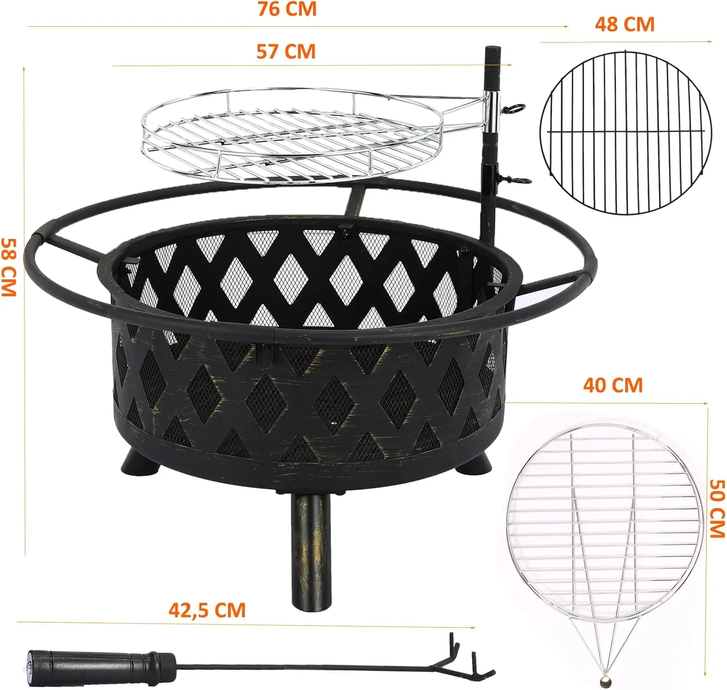 TLSUNNY Vuurschaal Met Grillrooster, 3-In-1 Vuurplaats Met Vonkbescherming, Vuurkorf Met Regenzeil, Vierkant Buitenterras, Vuurschaal Voor Tuin,Terras, Camping,Kampvuur,Grill,81X81X45 cm