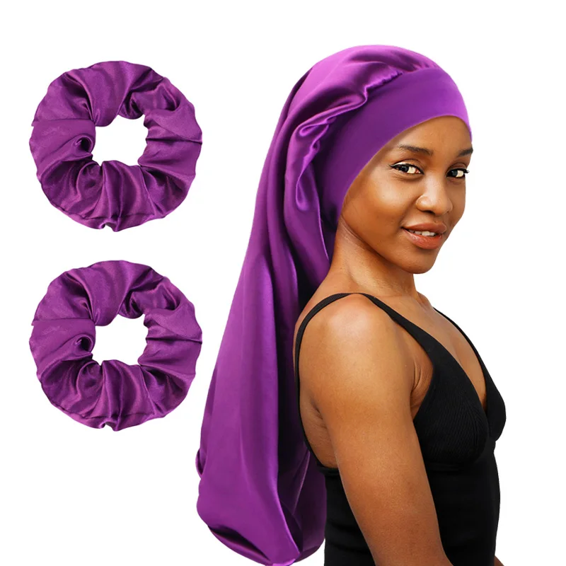 3PCS/LOT Elastic Wide Edge Long Satin Bonnet Sleep Hats Wrap Night Cap Care Women Extra Large For Natural Curly Loose Hair 6