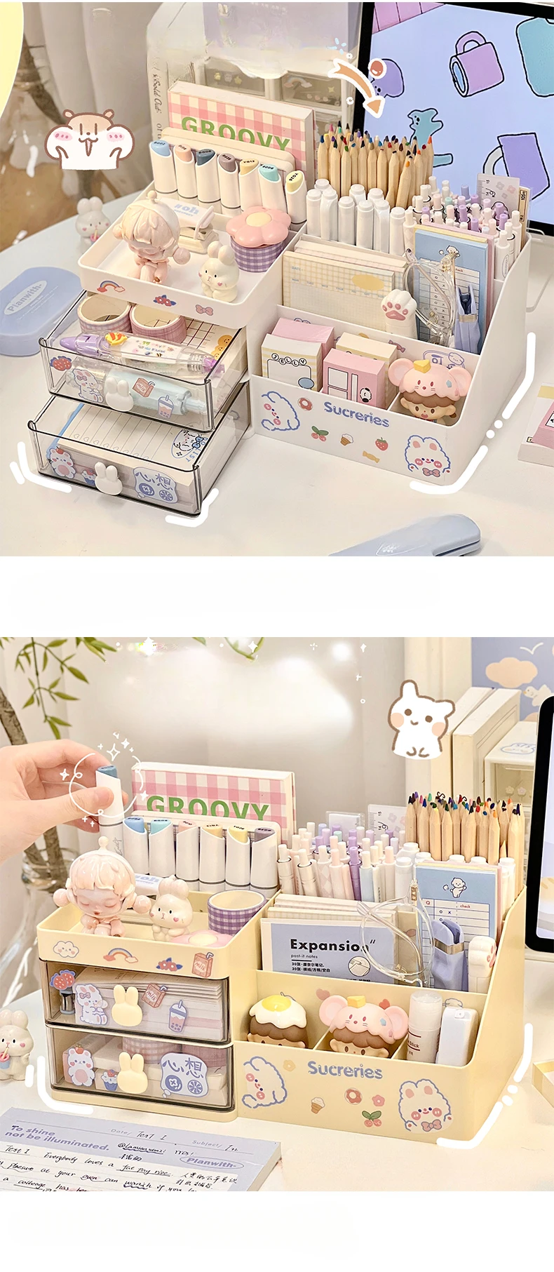 Description Picture 3 of itemDesktop Cosmetic Storage Box Organizer Drawer Office Storage Rack Stationery Desk Pen Holder Bunny Drawer Organizer Cute Kawaii
