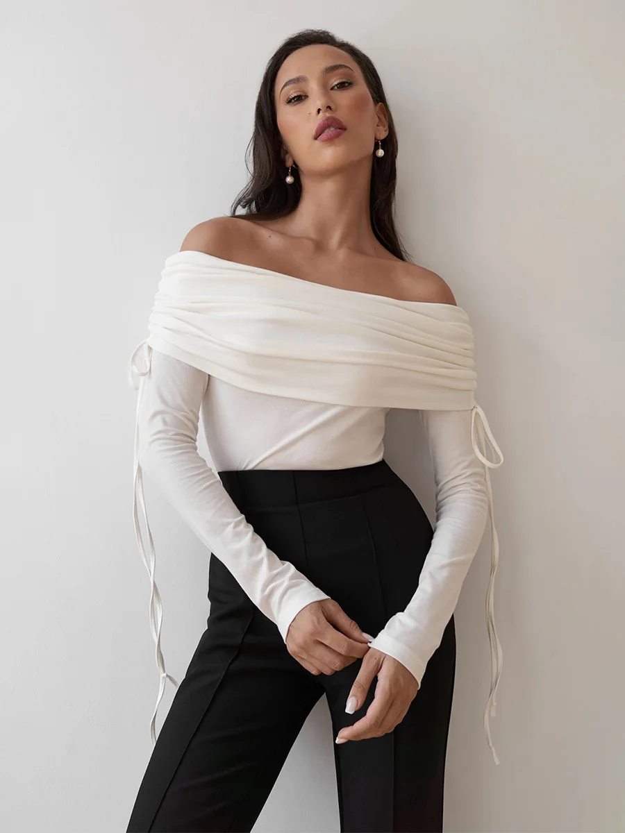 Bornladies Women's Trendy New Autumn Winter Off The Shoulder Long Sleeve T Shirt Drawstring Sexy Slim Fit Base Top