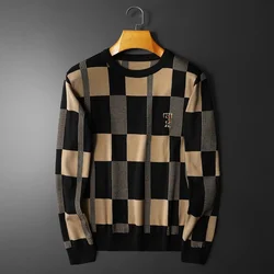 Fall Lattice Letter Print Contrasting Color Men Long Sleeve Slim Knitted Pullover Sweater Social Dress Shirt Streetwear Clothing