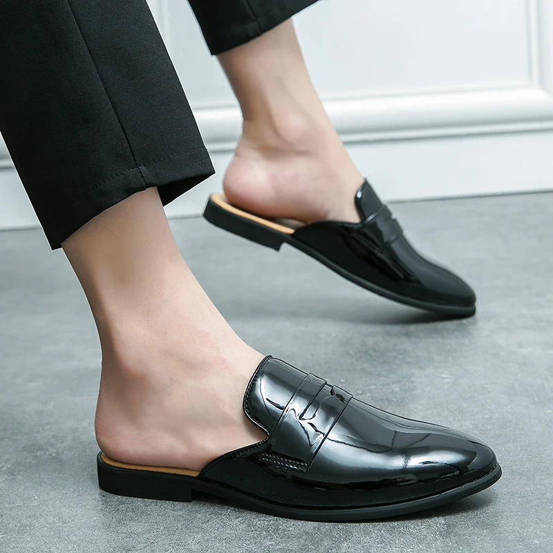 Summer New Fashion PU Leather Casual Mules For Men Male Slip-on Breathable Comfy Half Loafer Slippers Handsewn Leisure Sandals