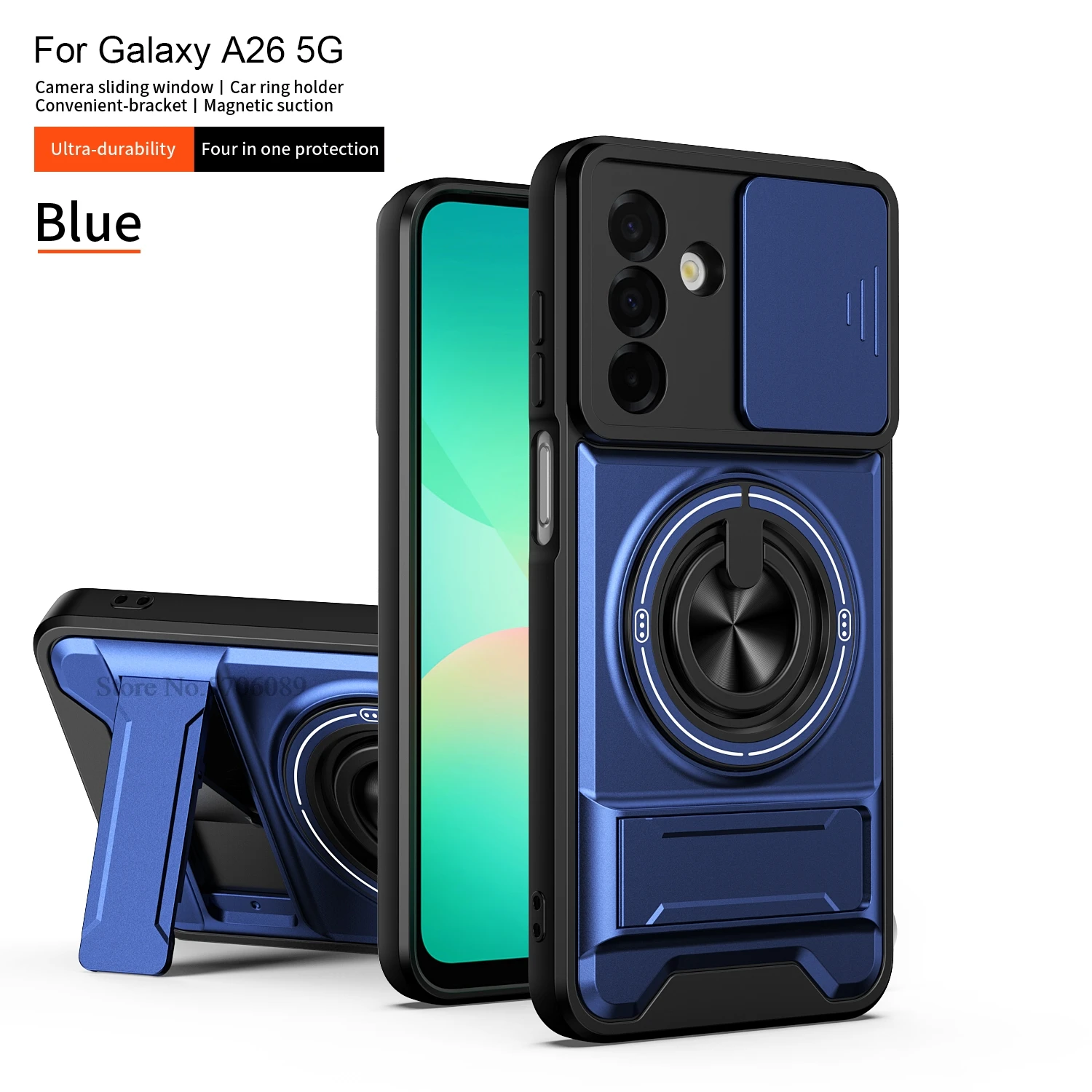 Rugged Shockproof Phone Case with Slide Lens Protector and Ring Holder