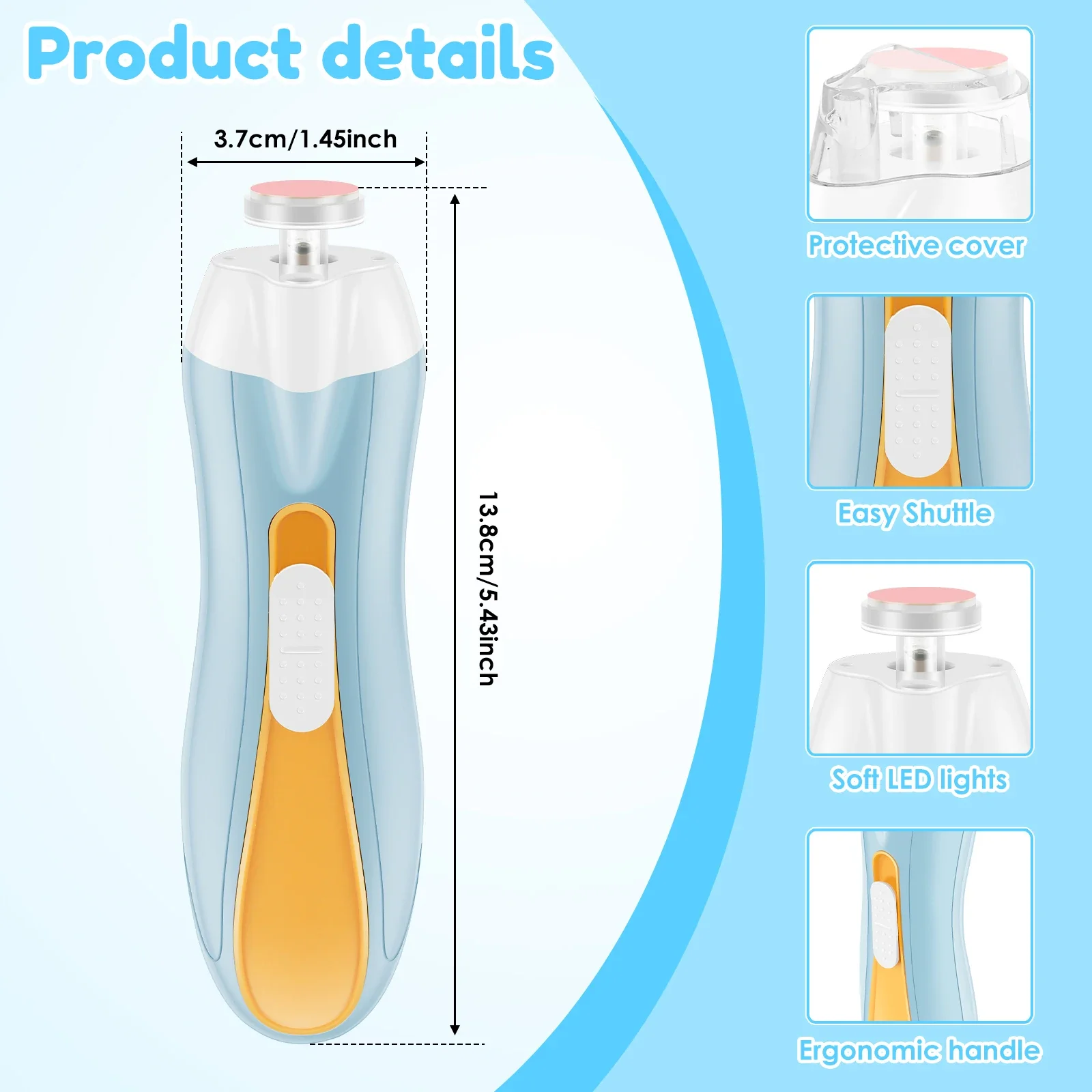 مبرد أظافر صغير الحجم جدًا وشحن USB لقص أظافر الأطفال مع ضوء LED ومبرد أظافر كهربائي قابل للتعديل لحديثي الولادة