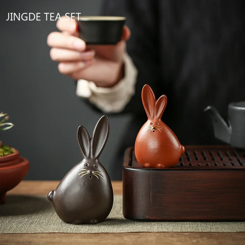 Cute Little Rabbit Sculpture Tea Pet Ornaments Purple Clay Tea Set Decoration Boutique Handmade Tea Figurine Decor Crafts