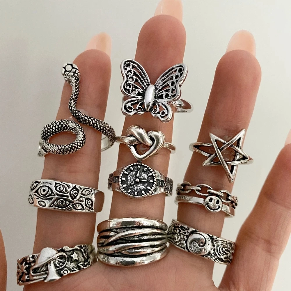 FAMSHIN Retro Punk Butterfly Snake Ring For Men Women Personality Geometry Antique Siver Color Fashion Opening Adjustable Rings