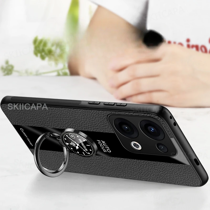 Premium PU Leather Magnetic Ring Holder Phone Case with Silicone Matte Bumper