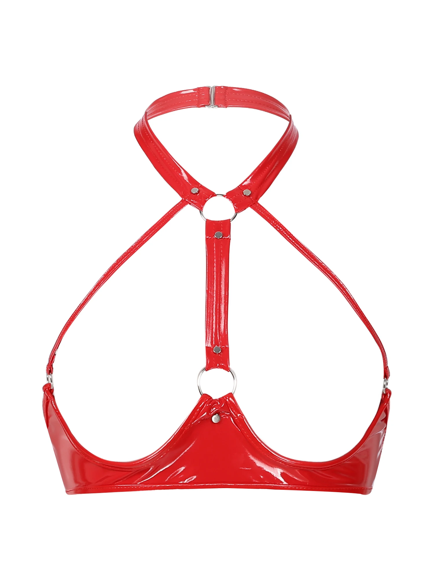Women Bra Wet Look Patent Leather Bra Top Lingerie Chest Harness Halter Neck Backless Bralette Open Bust Wire-free Bra Rave Party