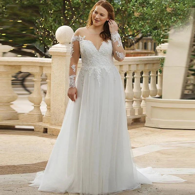 

Elegant Plus Size A-Line Wedding Dresses For Women 2023 Long Sleeves Scoop Lace Appliques Bridal Gowns Tulle vestidos de novia