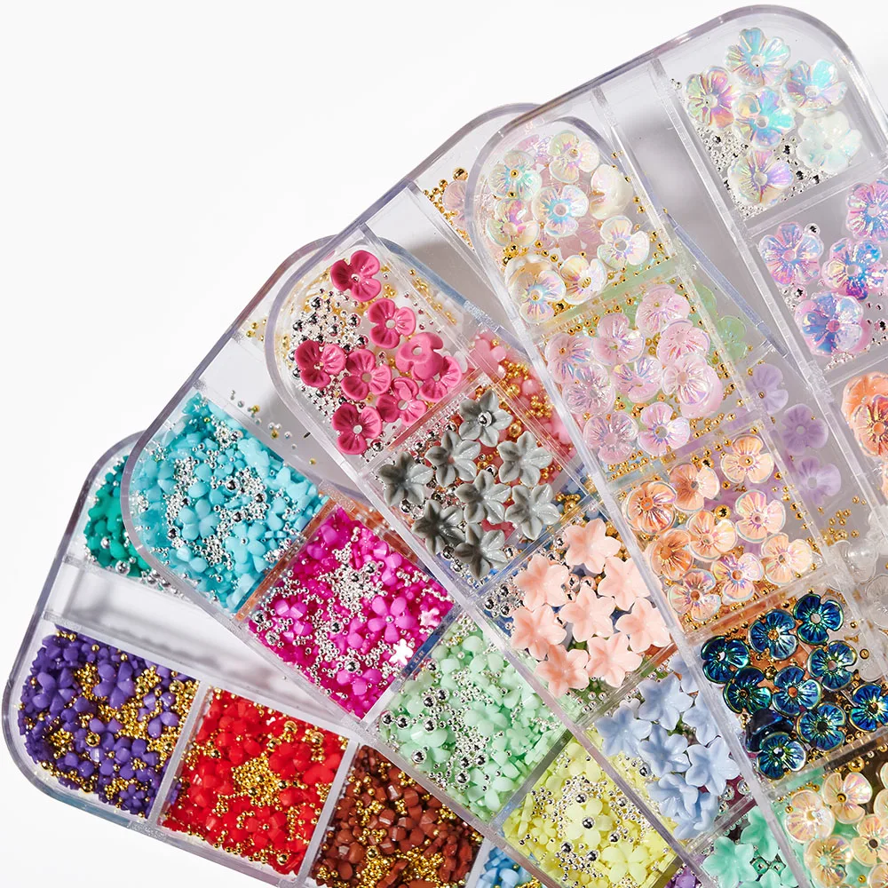 

12 Grids Acrylic Flower Mixed Steel Beads 3D Flower Nail Art Decoration Gems Charms DIY Nail Jewelry For Professional Accessorie