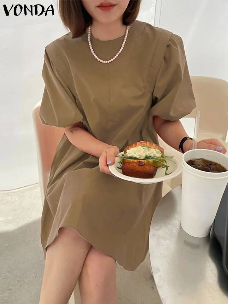 

VONDA Elegant Casual Short Puff Sleeve Women Dress Summer Sundress 2023 Fashion Loose Solid Color Pleated Party Office Vestidos