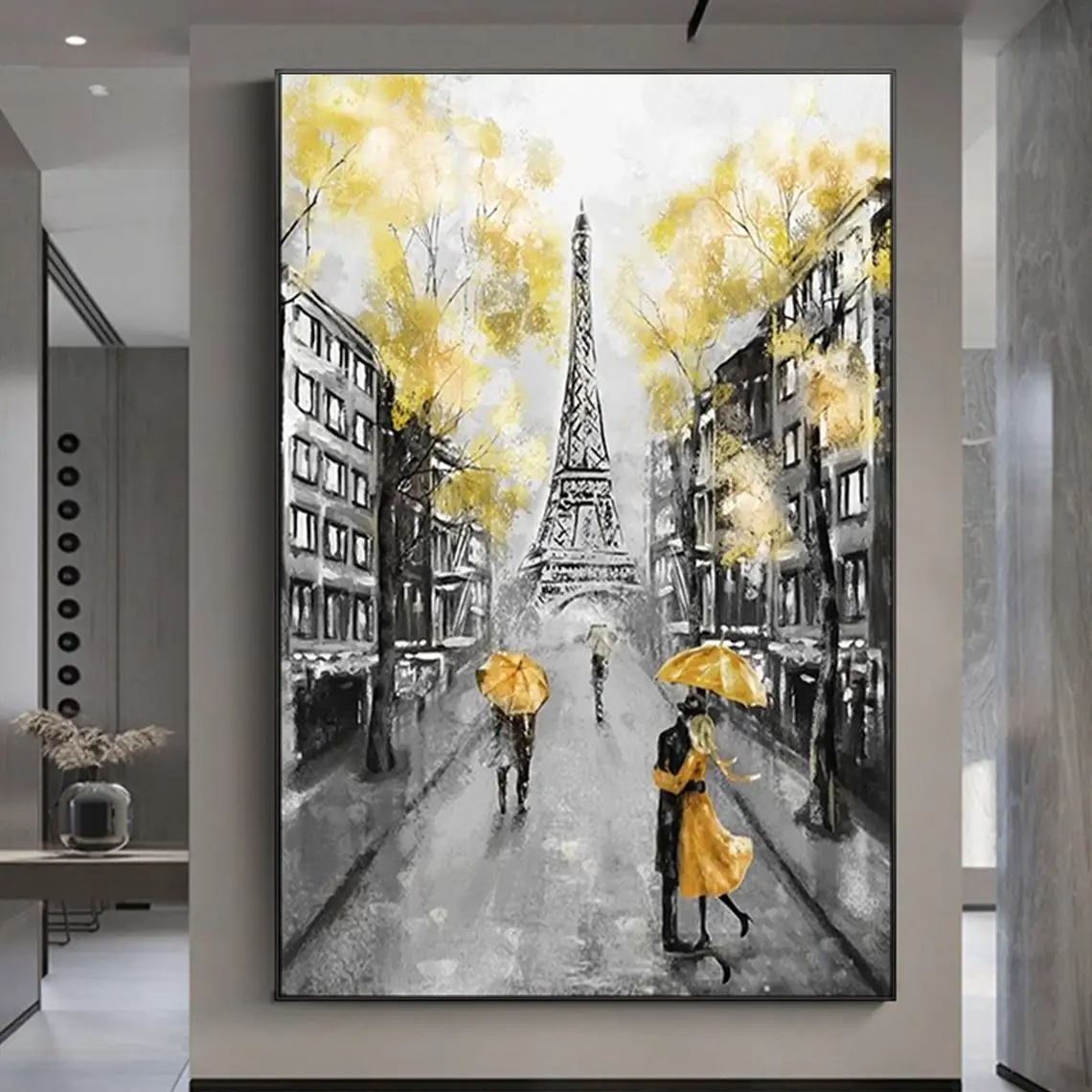 

Romantic Rainy Paris Oil Painting on Canvas Large Abstract Yellow Cityscape Eiffel Tower Artwork Living Room Wall Art Home Decor