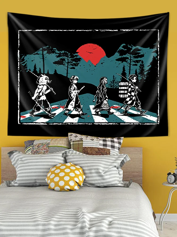 Cute Japan Demon Slayer Anime Tapestry Kawaii Decor Moon Japanese Style Skull Decoration Polyester For Teen Room Black