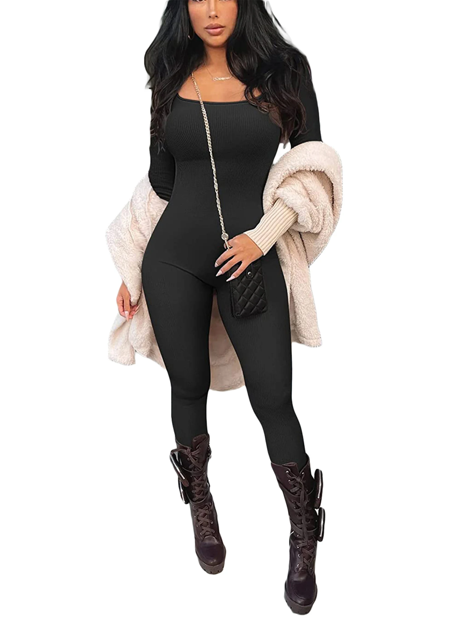 

Женские облегающие комбинезоны с квадратным вырезом, повседневные однотонные облегающие леггинсы с длинным рукавом для фитнеса, уличная одежда на осень и весну