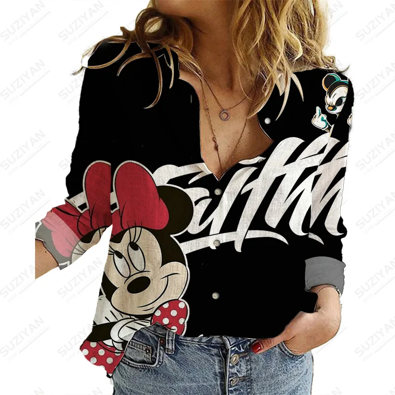 

Temperament Long Sleeve Shirt Women'S Disney Anime Casual Shirts Printed Minnie Shirt Fashion Trend
