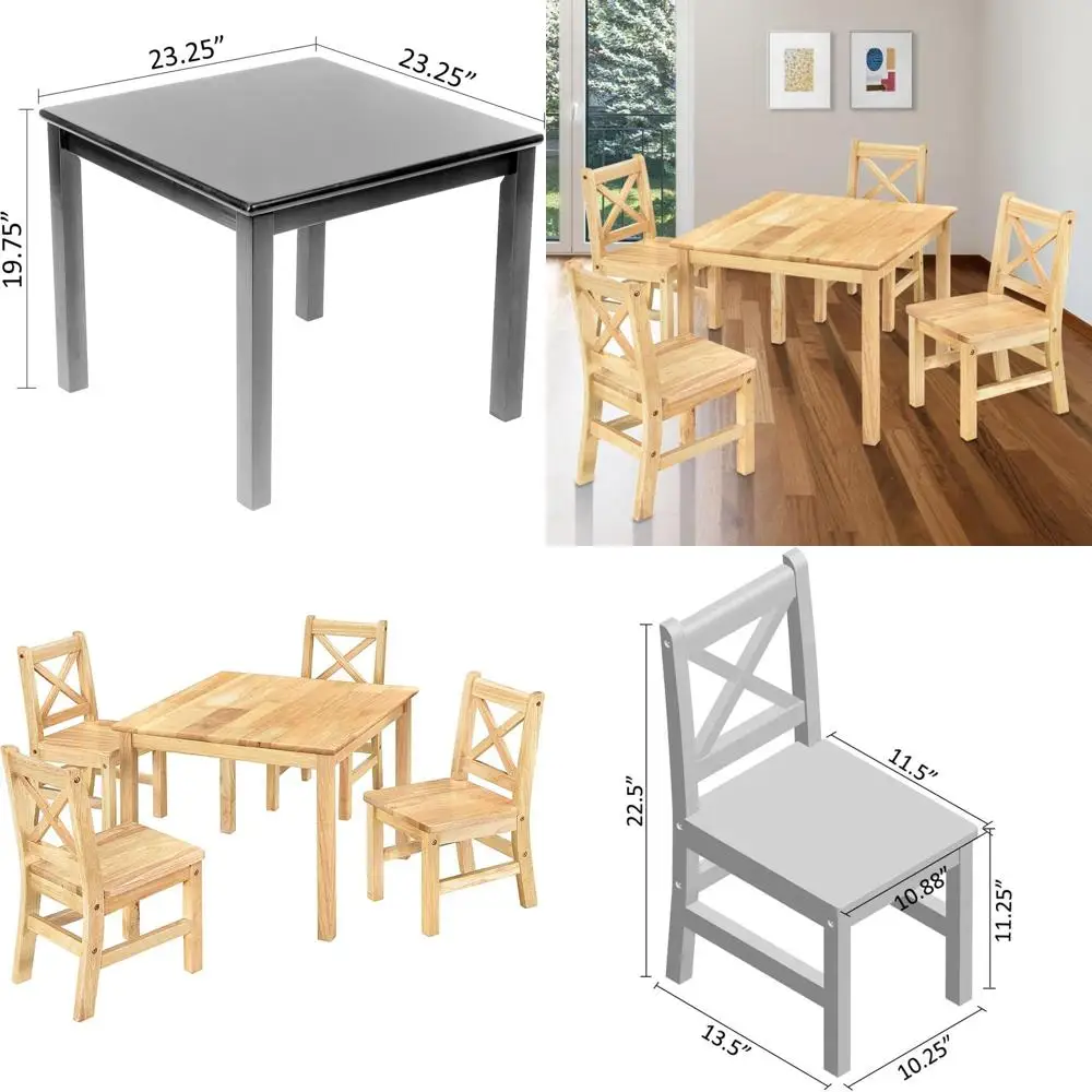 Natural Wood 5-Piece Kids Table and Chair Set with 4 Chairs