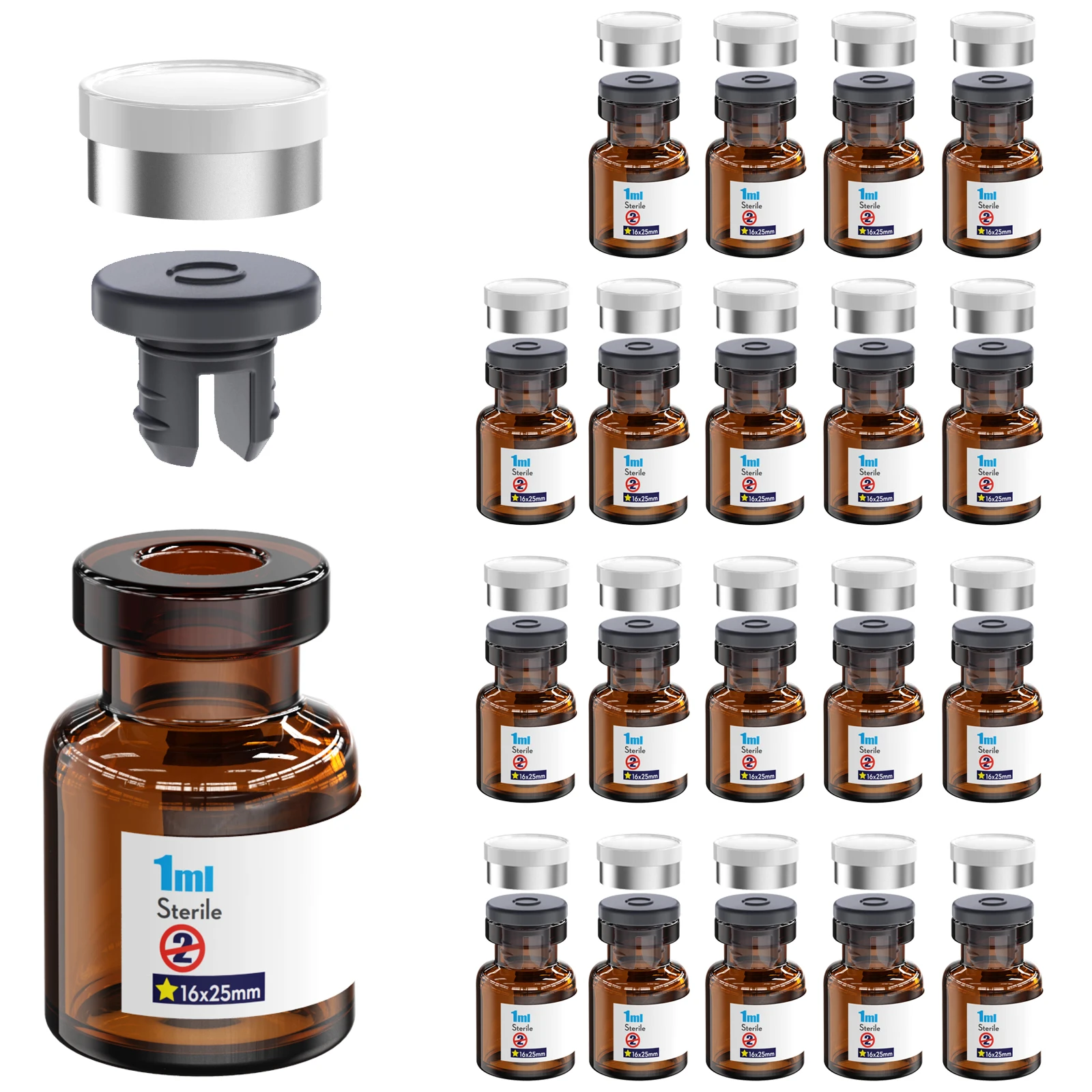 Sterile Glass Vials With Separate Rubber Stopper and Cap Need to Crimped With Pliers sterile Packaged 20pcs
