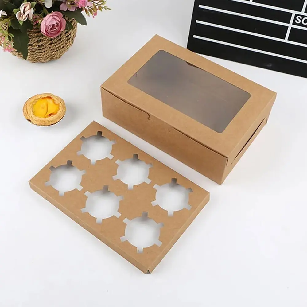2/4Pcs 1/2/4/6 Grids Baking Packing Box Transparent Window Gift Kraft Paper Pastry Cases with Tray Cupcake Box For Cupcake Cake