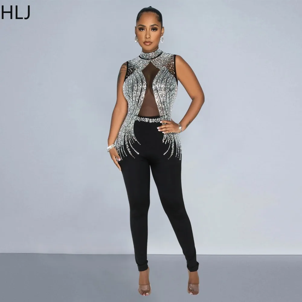 HLJ Fashion Mesh Perspective Rhinestones Bodycon Jumpsuits Women Round Neck Sleeveless Slim Playsuits Female Party Club Overalls