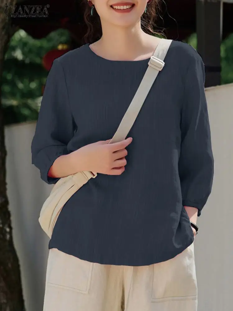 

Осенняя блузка ZANZEA 2023 для женщин, рубашка с длинным рукавом и круглым вырезом, Повседневная однотонная туника, топы, женские праздничные рабочие блузы оверсайз