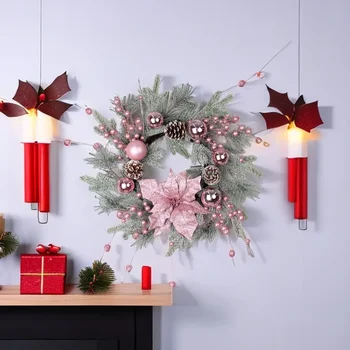 2025 New Christmas Pink Wreath Decor With Balls Artificial Plant Rattan Garland Christmas Rattan Hanging Ornament For New Year H