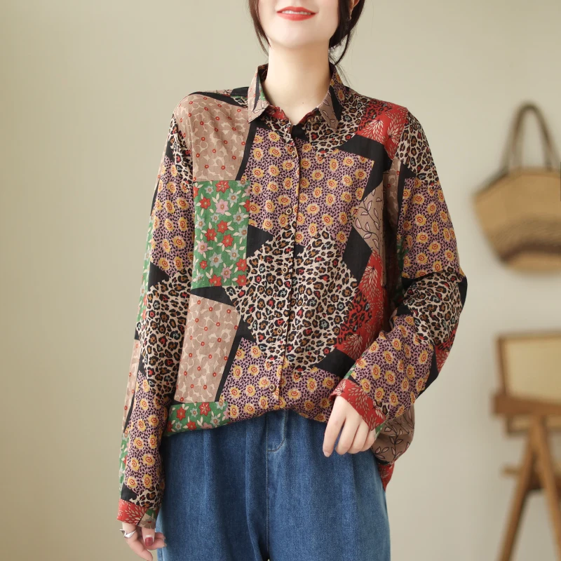 

Spring Summer Fashion Print Cotton Linen Blouse Shirt Office Ladies Women Casual Loose Blouses Elegant Chic Tops Blusas