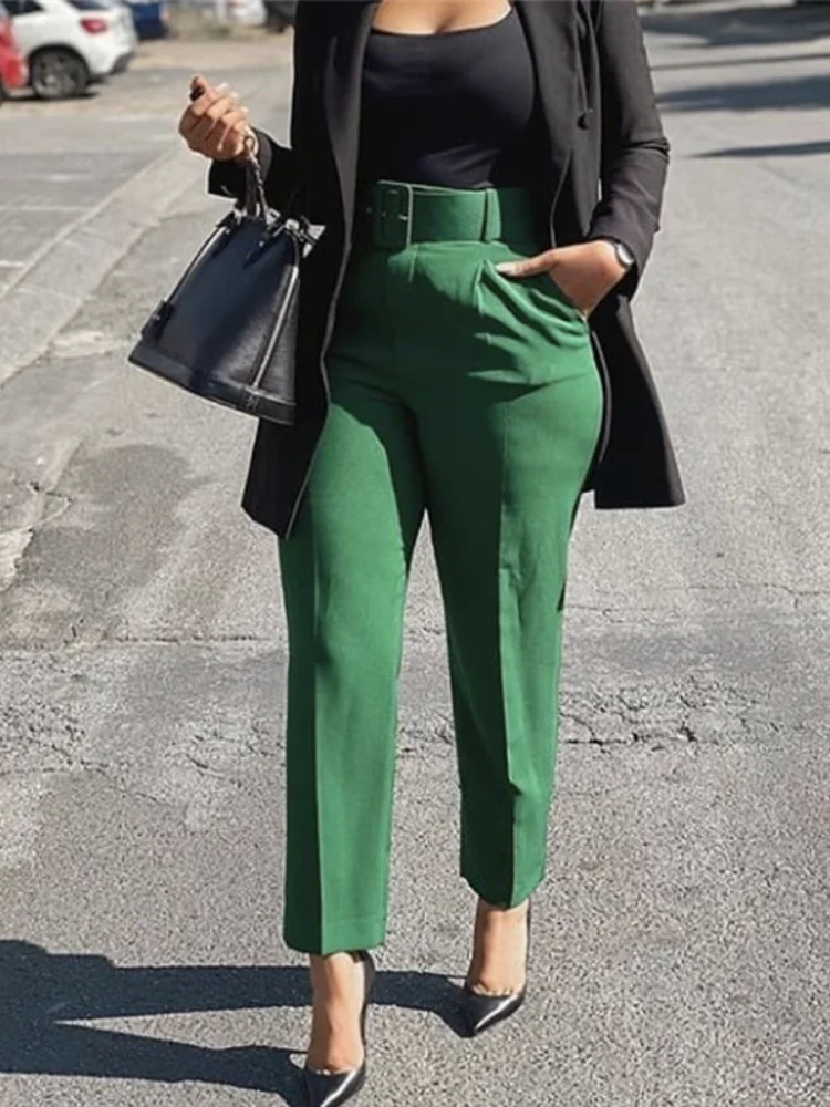 Women High Waist Pants With Waist Belt 