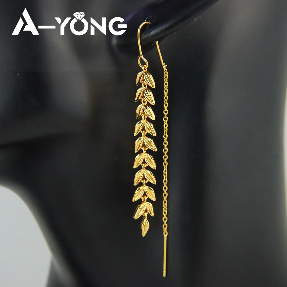 Mode Quaste Weizen Lange Ohrringe 21k Gold Überzogene Dubai Elegante Blatt Baumeln Ohrring Nigeria Frauen Braut Hochzeit Schmuck Geschenk