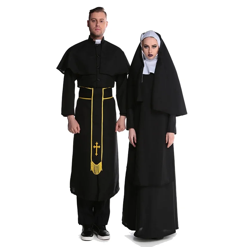 

Black Men Jesus Missionary Costume Priest Christian Suits Women Nun Drama Clergyman Adults Fancy Dress Carnival Cosplay Costumes