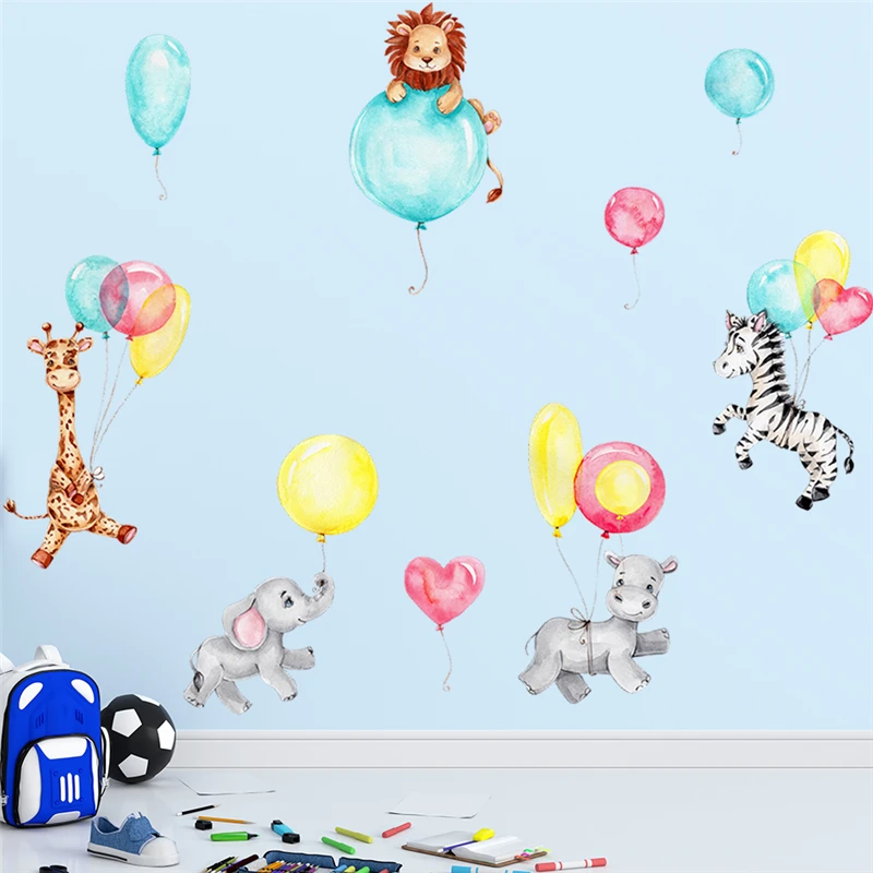 

Cute Lion Giraffe Zebra Colorful Balloon Wall Stickers For Home Decoration Cartoon Animals Mural Art Kids Room Decals Pvc Poster