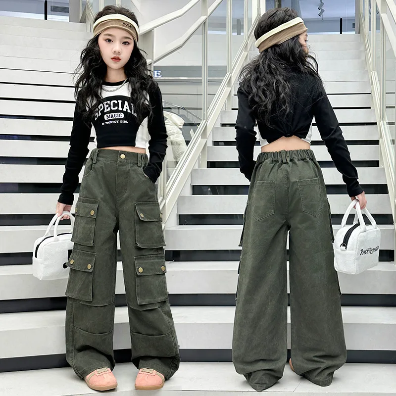 韓国発!【JUSTYOUNG】NV Stitch Cargo Wide Pants/男女共用 Vaceky Stretch Cargo Jeans Women Straight Leg Side Zipper