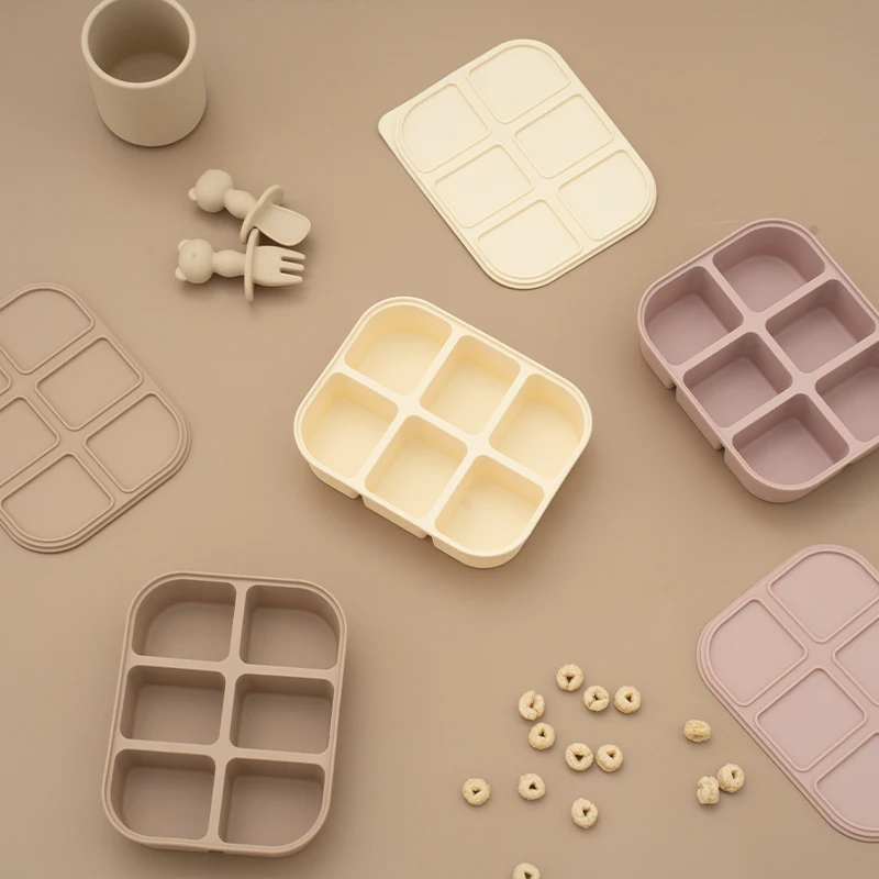 Food Grade Silicone Baby Food Storage Container Six Grids Ice Cube Tray Molds Square Snack Box with Removable Lid Kids Tableware