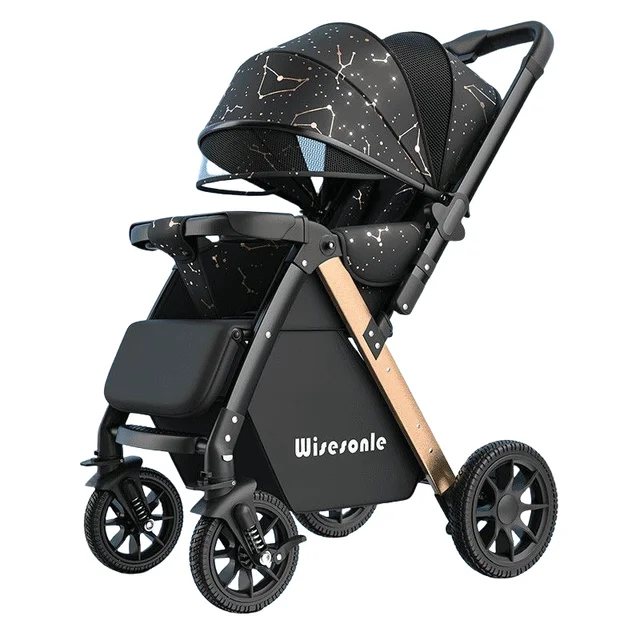 Poussette pour bébé pliable, tige de poussée bidirectionnelle, quatre roues, absorbant les chocs, landau avec moustiquaire 1