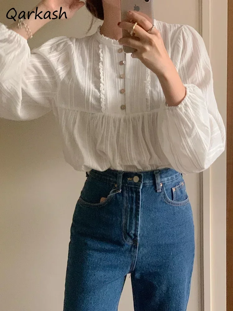 

Solid Blouses for Women Gentle Female Tops Casual Baggy Long Sleeve Ruffles Design Sweet New O-neck Cozy Simple New French New