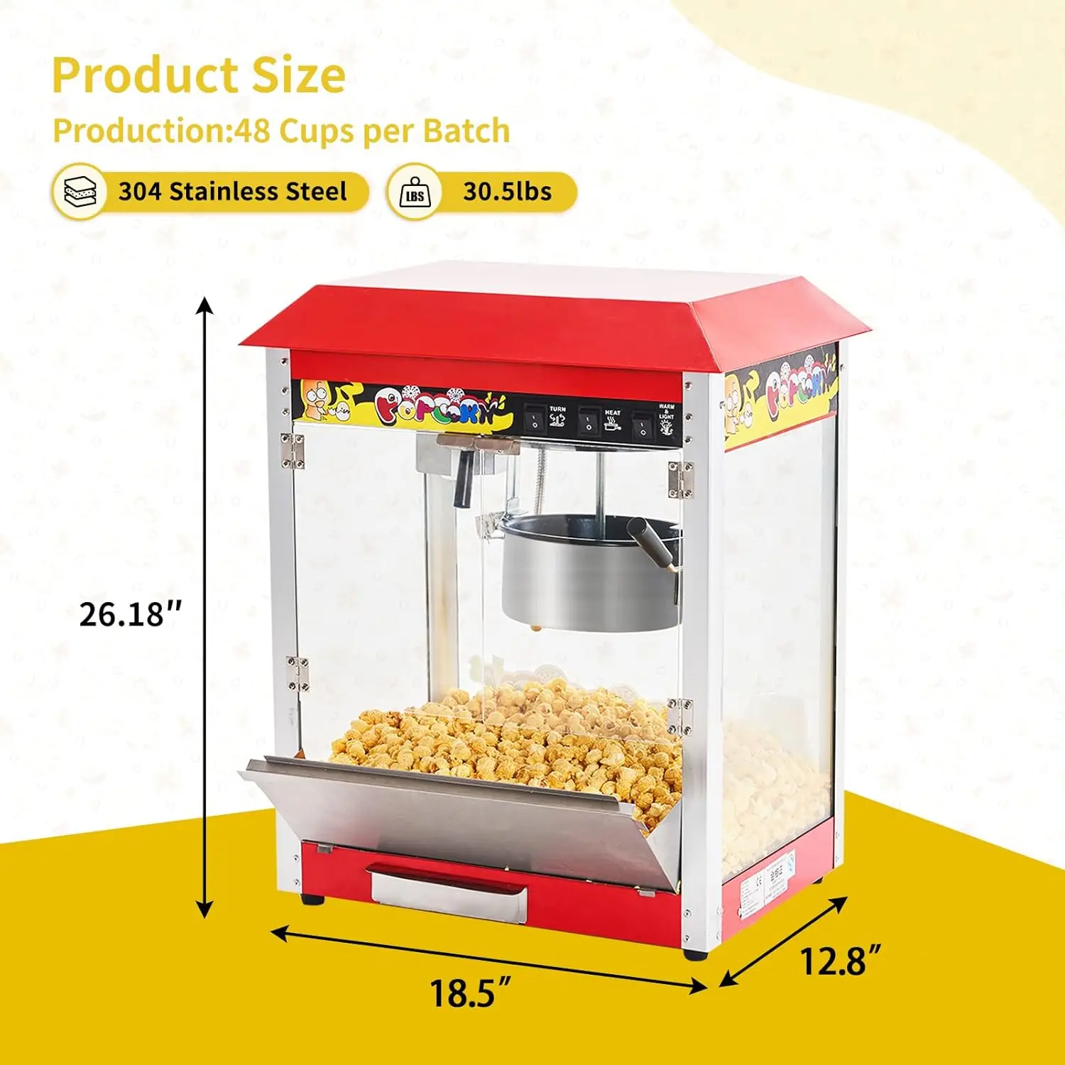 Popcorn Machine, 10 Oz Kettle, 1300W Countertop Popcorn Maker for 60 Cups per Batch, Movie Theater Popper with 3-Switch
