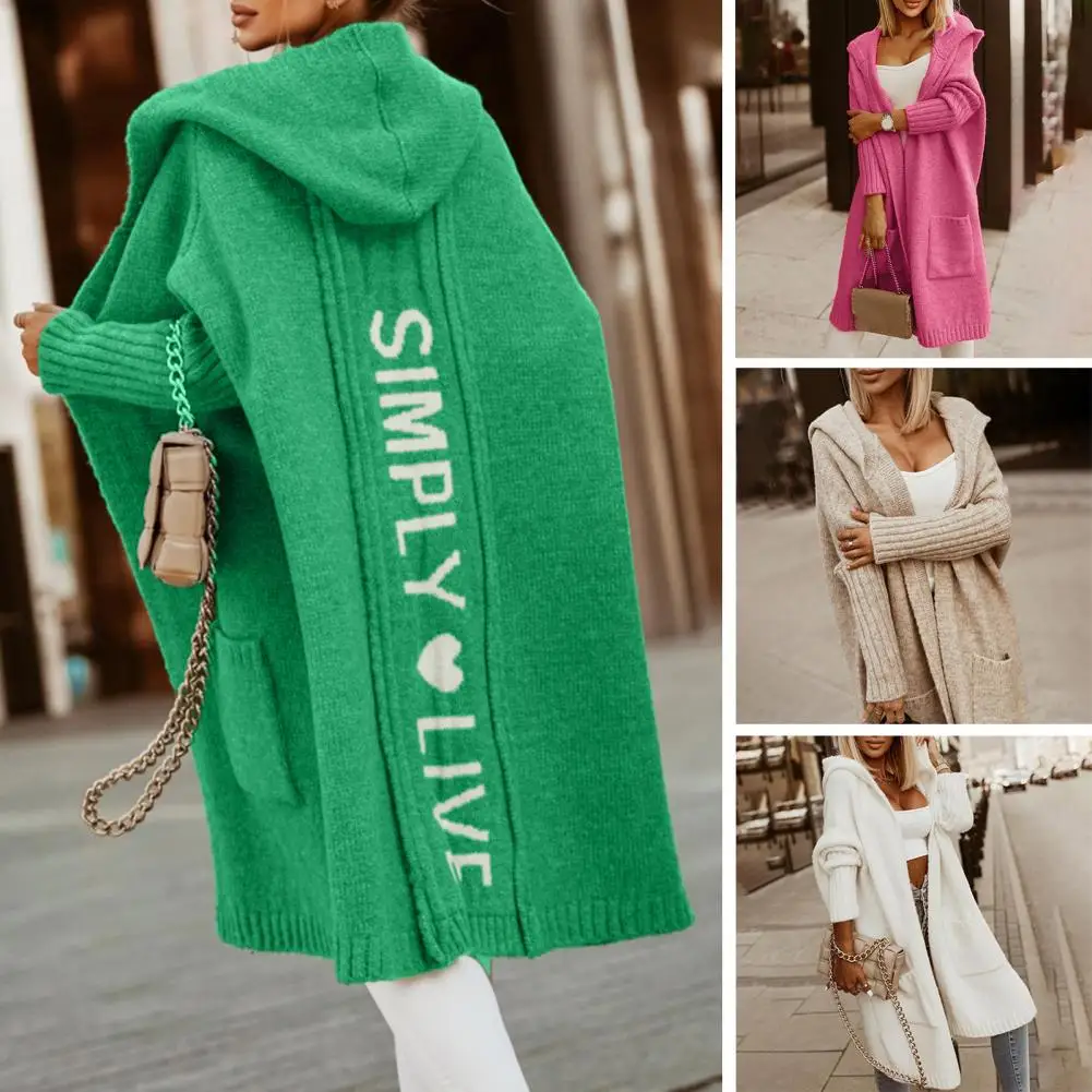 

Women Autumn Winter Hooded Sweater Cardigan Letter Print Open Front Long Sleeve Knitting Coat Streetwear