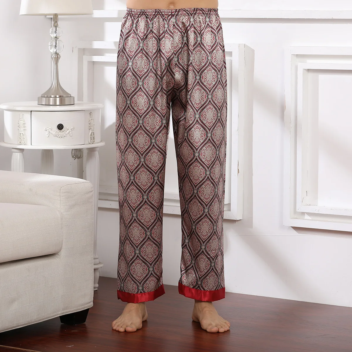Plus Size Men's Ice Silk Sleep Pants Fashion Print Plaid Pajamas Casual Loose Home Bottom Luxury Silk Man Lounge Wear Trousers mens pajama pants Men's Sleep & Lounge