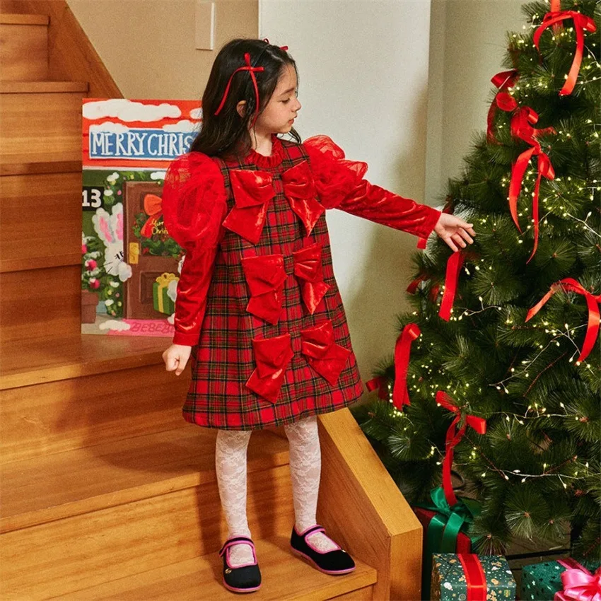 spot BE children's New Year clothing Autumn and winter girls Korean version red plaid thickened dress Children's New Year p