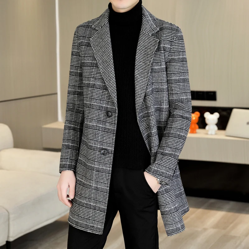 Cappotto di lana scozzese di media lunghezza di alta qualità Autunno Inverno Business Casual Giacca a vento di lana da uomo Capispalla Cappotto superiore spesso 4