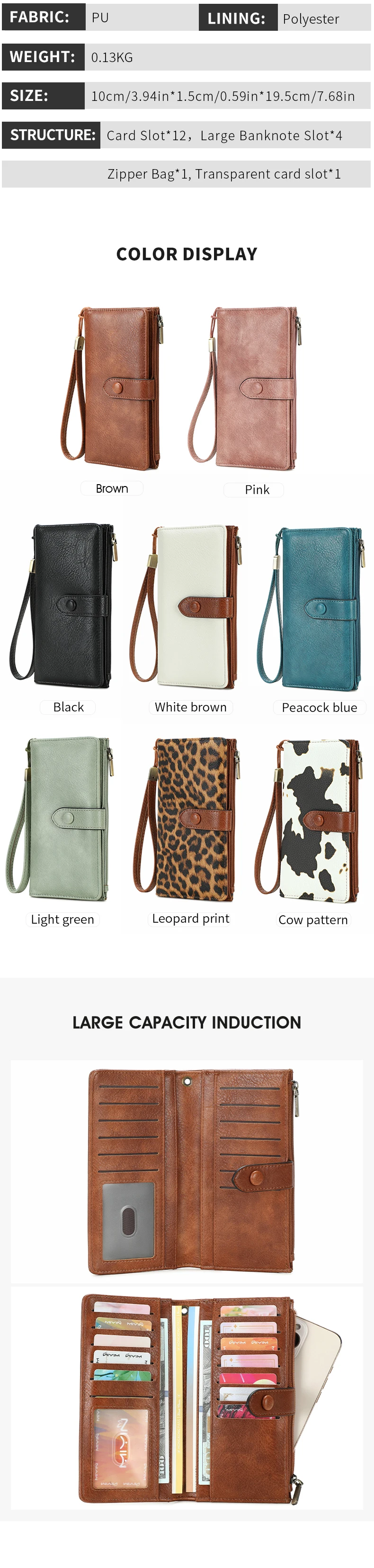 RFID Damen-Langbörse aus PU-Leder, Kartenhalter, Modische Große Kapazität Reißverschluss-Geldbörse, Multi-Karten-Organizer, Handgelenk-Handtasche – Detail 2