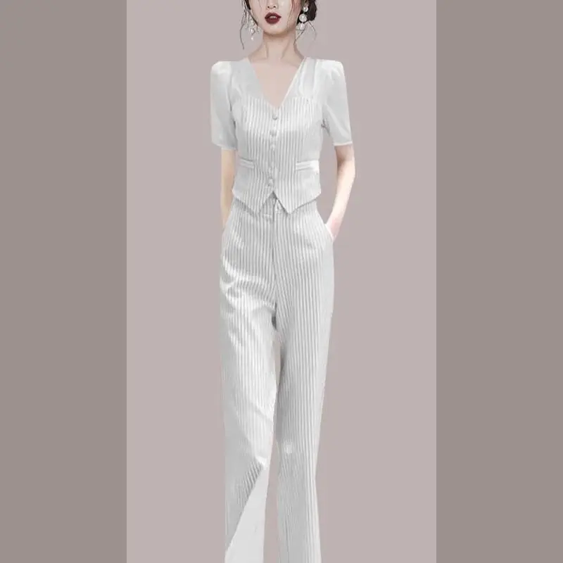 Stripe Patchwork Short Sleeve Chiffon Shirt Blazer Casual Wide Leg Trousers Two-piece Elegant Women's Pants Suit Office Outfits