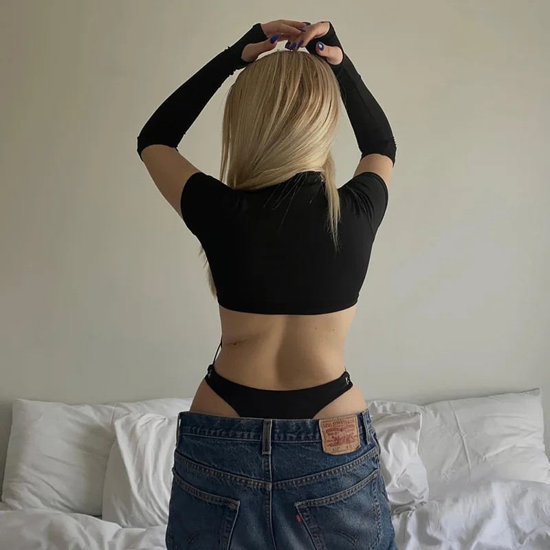 Body de manga corta con cuello alto para mujer, estilo Y2K, de una pieza con aberturas, con cordones, lencería sexy.