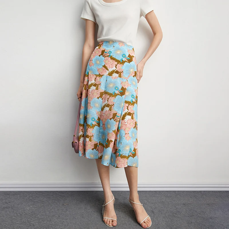 

Morandi high-gloss pink blue floral design smart and elegant high-quality A-line silk skirt