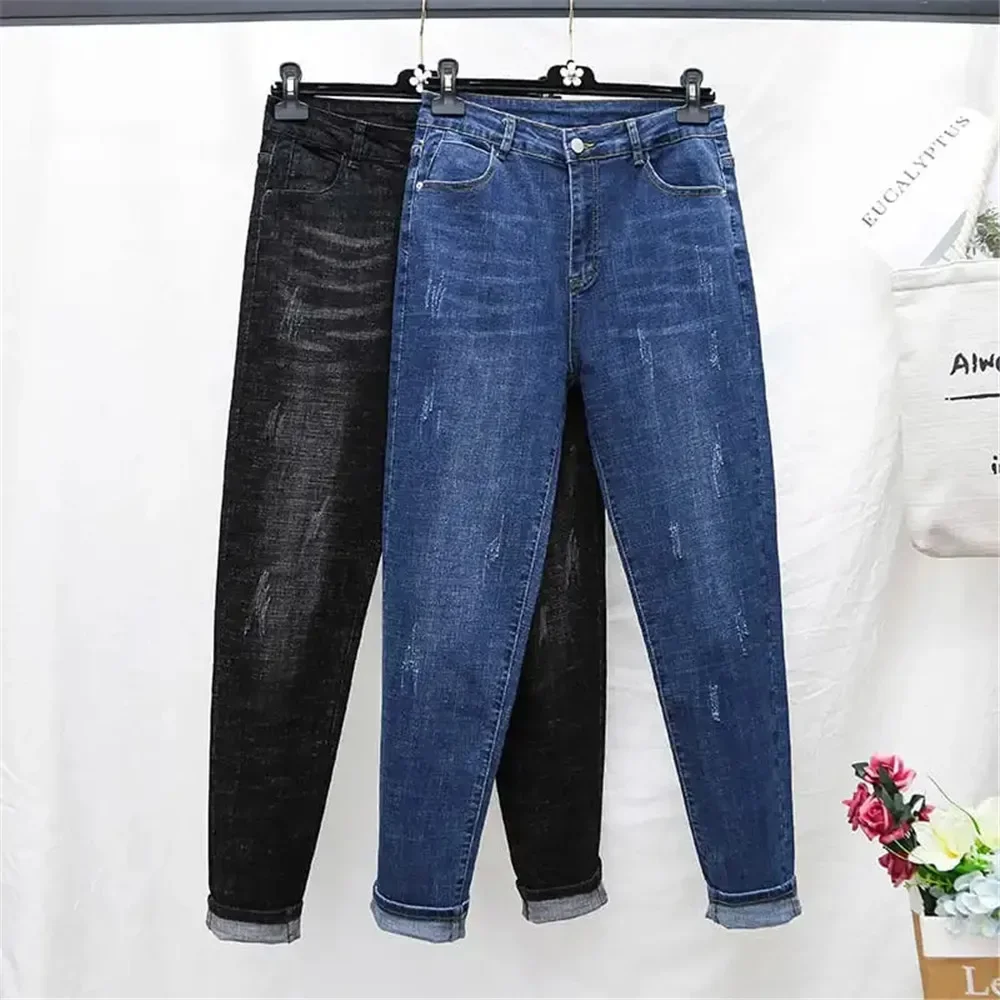 

L-5xl Spring Autumn Large Size Jeans Women High Waist Baggy Harem Denim Pencil Pants Korean Elastic Cotton Mom Jeans Streetwear