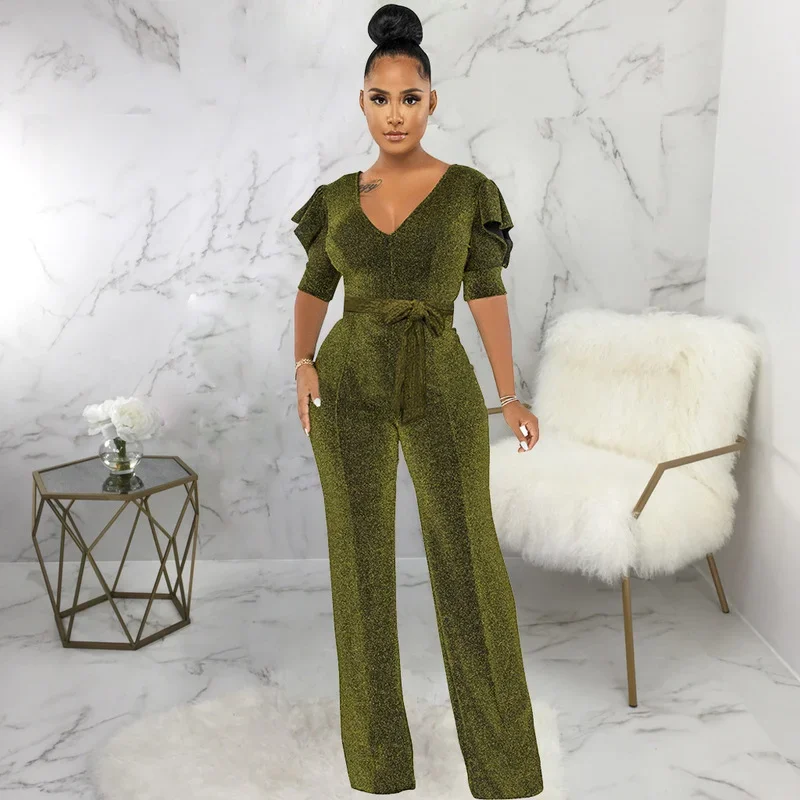 

KEXU Elegant Sexy Party Clubwear Pleuche V-neck Backless Straight Jumpsuit Women 2024 Playsuit One Piece Overalls