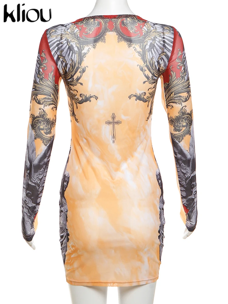kliou Aesthetic Panelled Print Fall Dress Women Fashion Full Sleeve Round Neck Body-shaping Robe Female Classic Street Vestidos 6