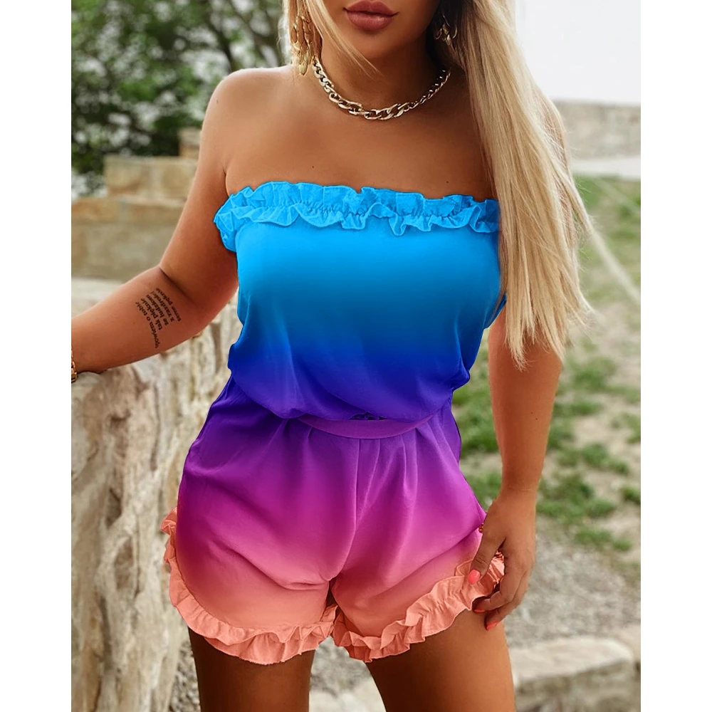 

2022 New Fashion Ombre color Frill Hem Pastel Backless Bandeau Romper for Women Beach Wear Sleeveless Women Romper